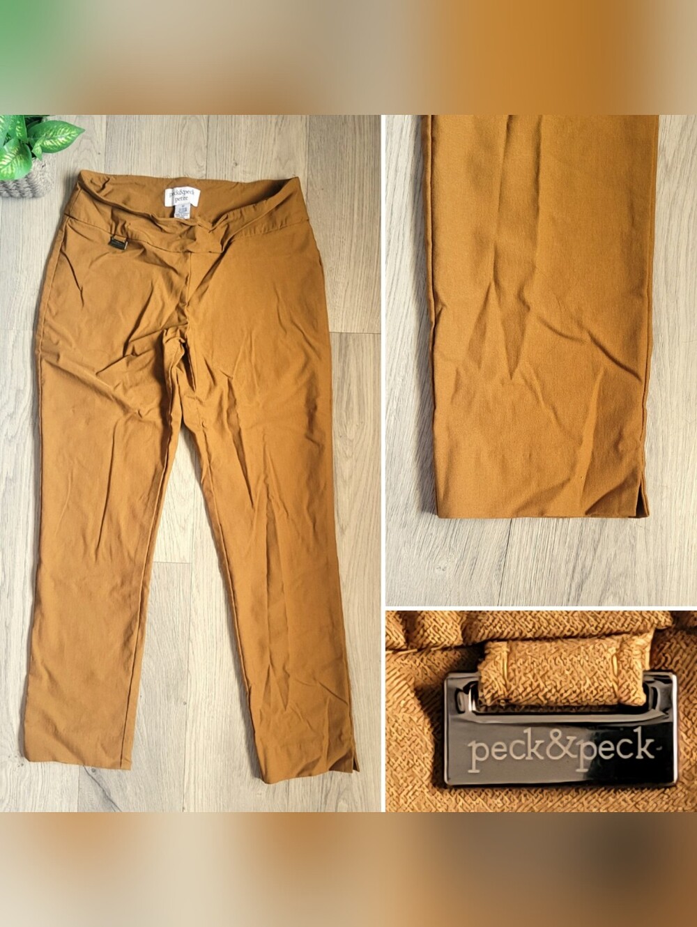 Peck & Peck Petite Mustard Camel Brown Cropped Straight Leg Trouser Pants, 4P